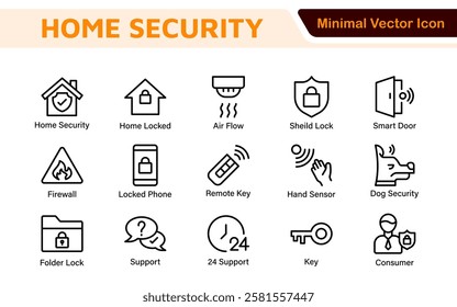 Home Security Icon Set. A comprehensive collection of icons focused on safety and protection, perfect for enhancing security apps, websites, and marketing materials aimed at home safety solutions.