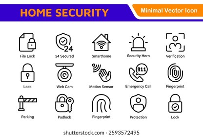 Home Security Icon Set. A comprehensive collection of icons focused on safety and protection, perfect for enhancing security apps, websites, and marketing materials aimed at home safety solutions.