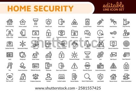 Home Security Icon Set. A comprehensive collection of icons focused on safety and protection, perfect for enhancing security apps, websites, and marketing materials aimed at home safety solutions.