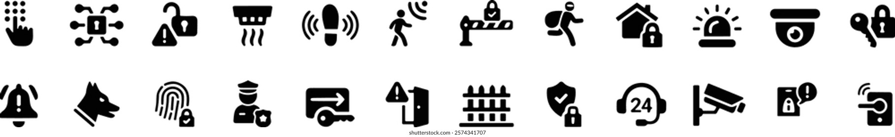 Home security icon set. Containing alarm, surveillance, lock, CCTV, thief, key, intrusion detection, guard dog