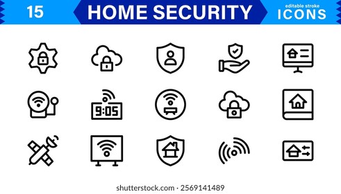 Home Security Icon Set - Creative, Minimalist Designs for Smart Locks, CCTV, Alarm Monitoring, Safety Apps, and Residential Security