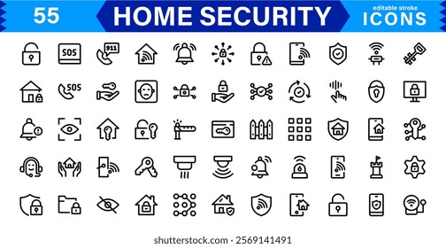 Home Security Icon Set - Creative, Minimalist Designs for Smart Locks, CCTV, Alarm Monitoring, Safety Apps, and Residential Security