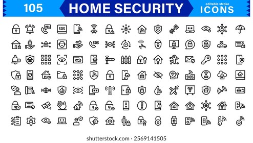 Home Security Icon Set - Creative, Minimalist Designs for Smart Locks, CCTV, Alarm Monitoring, Safety Apps, and Residential Security