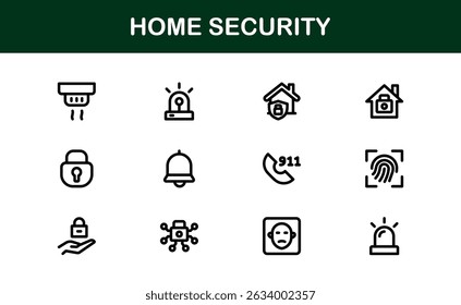 Home Security Icon Set Featuring Surveillance, Alarm, Lock, Camera, and Monitoring Concepts in a Clean, Professional, SEO-Optimized Vector Style