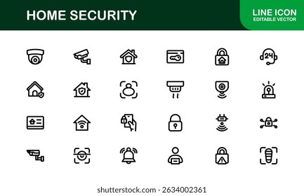 Home Security Icon Set Featuring Surveillance, Alarm, Lock, Camera, and Monitoring Concepts in a Clean, Professional, SEO-Optimized Vector Style