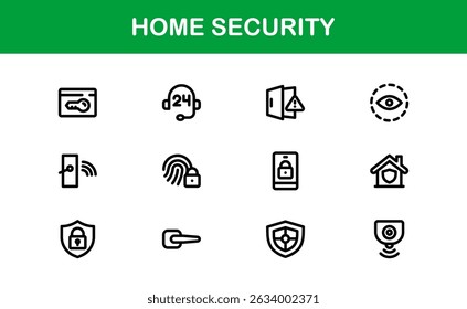 Startseite Sicherheit Icon-Set mit Überwachungs-, Alarm-, Schließ-, Kamera- und Überwachungskonzepten in einem sauberen, professionellen, SEO-optimierten Vektorstil