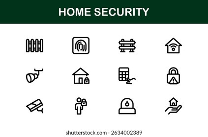 Home Security Icon Set Featuring Surveillance, Alarm, Lock, Camera, and Monitoring Concepts in a Clean, Professional, SEO-Optimized Vector Style