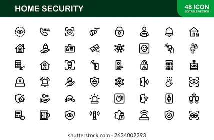 Home Security Icon Set Featuring Surveillance, Alarm, Lock, Camera, and Monitoring Concepts in a Clean, Professional, SEO-Optimized Vector Style