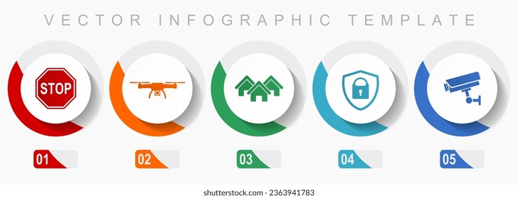 Home-Security-Icon-Set, verschiedene Symbole wie Stopp-Schild, Drohne, Haus, cctv-Kamera und Padlock für Webdesign und mobile Anwendungen, flache Design-Vektorgrafik-Vorlage, Web-Buttons in 5 Spalte