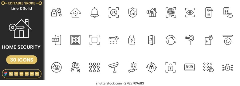 Home security icon set with surveillance, smart lock, alarm and protection symbols modern outline vector collection