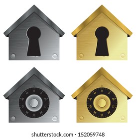 Home security icons with combination locks and keyholes in metallic colors.