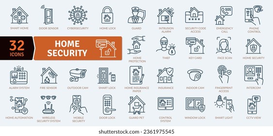 Home security icons pack includes both the security hardware placed on a property and individuals personal security practices. Security hardware includes doors, locks, alarm systems, lighting