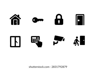 Home security icons set featuring house, key, padlock, door, window, keypad alarm, surveillance CCTV camera, and intruder symbols.