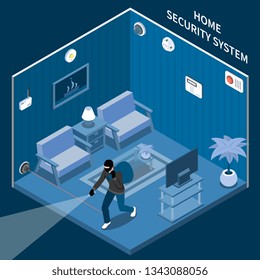 Home security isometric composition with thief in room equipped with laser alarm system and different sensors vector illustration