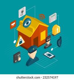 Home security isometric decorative icons set with smart house thief guard alarm system concept vector illustration