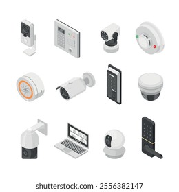 Home security isometric elements. Cctv, camera, signaling and code lockers. Control and protection house apartments or office. Digital technologies flawless vector set