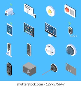 Home security isometric icons set with elements of video surveillance system fire alarm and code locks isolated vector illustration