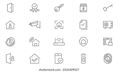 Home Security line icon set. Guard, cyber security, password, smart home, safety, data protection, key, shield, lock, unlock, eye, safety, data protection line icon set. UI thin line icon pack.