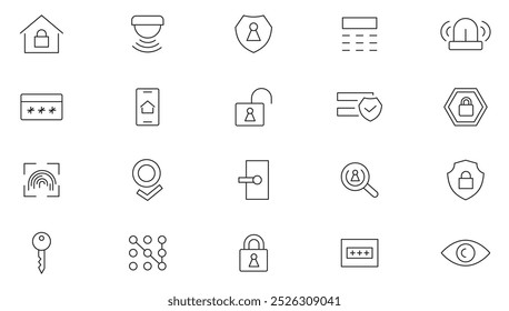 Home Security line icon set. Guard, cyber security, password, smart home, safety, data protection, key, shield, lock, unlock, eye, safety, data protection line icon set. UI thin line icon pack.