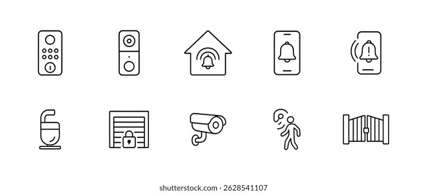 Home security line icon set - alarms, cameras, and smart tech symbols