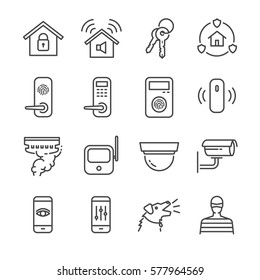Home Security line icon set. Included the icons as door lock, dog, thief, key, burglar alarm, cctv and more.