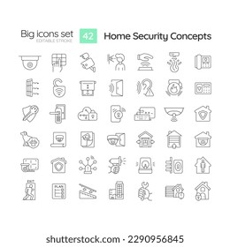 Home security linear icons set. Smart house. Alarm system. Crime prevention. Family protection. Customizable thin line symbols. Isolated vector outline illustrations. Editable stroke