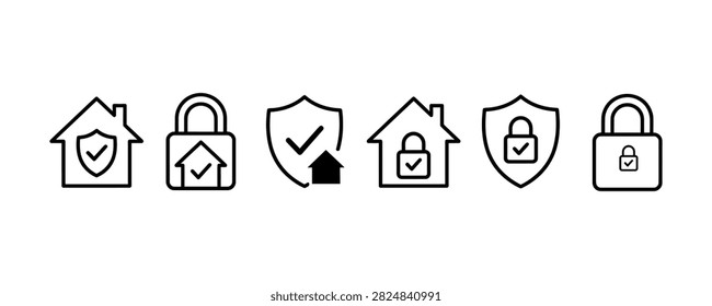 Home Security Lock and Shield Icon Set, Protection Checkmark Symbols.