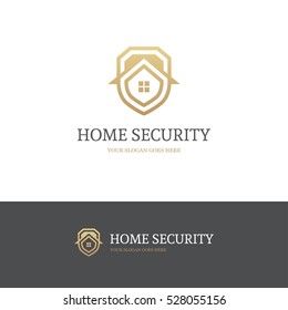 Home security logo with shield and house in golden colors.