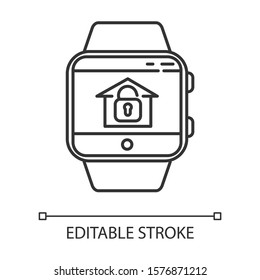 Home security monitoring smartwatch function linear icon. House alarm system remote control device feature. Thin line illustration. Contour symbol. Vector isolated outline drawing. Editable stroke