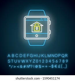 Home security monitoring smartwatch function neon light icon. House alarm system remote control device feature. Glowing sign with alphabet, numbers and symbols. Vector isolated illustration