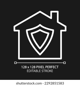 Home security pixel perfect white linear icon for dark theme. Burglary prevention. Insurance. Automated safety system. Thin line illustration. Isolated symbol for night mode. Editable stroke
