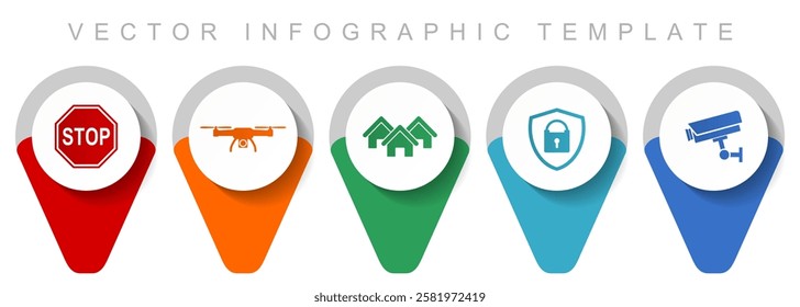 Home security pointer collection, miscellaneous icons such as stop sign, drone, house, cctv camera and padlock, flat design vector infographic template in eps 10