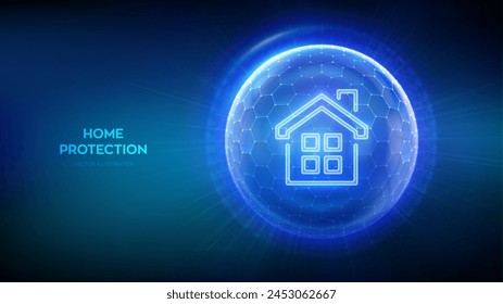 Home security protection. Home Insurance concept. Real estate insurance. Glass transparent sphere shield with surface of hexagons with House icon illustrates Home Insurance. Vector illustration.