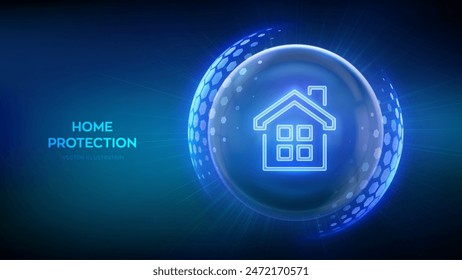 Home security protection. Home Insurance concept. Real estate insurance. Glass transparent sphere shield with surface of hexagons with House icon illustrates Home Insurance. Vector illustration.