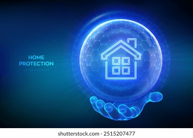 Protección de seguridad en el hogar. Concepto de seguro de hogar. Seguro inmobiliario. Escudo transparente de cristal de la esfera con la superficie de los hexágonos con el icono de la casa en la mano del wireframe. Vivienda de seguridad. Ilustración vectorial