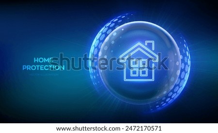 Home security protection. Home Insurance concept. Real estate insurance. Glass transparent sphere shield with surface of hexagons with House icon illustrates Home Insurance. Vector illustration.