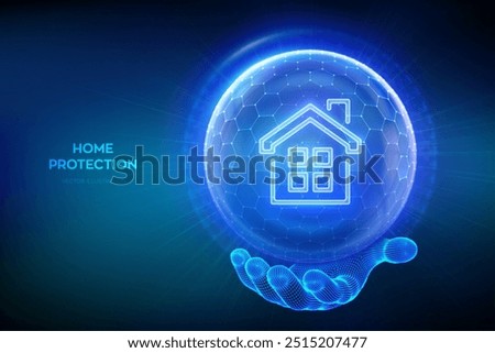 Home security protection. Home Insurance concept. Real estate insurance. Glass transparent sphere shield with surface of hexagons with House icon in wireframe hand. Safety housing. Vector illustration