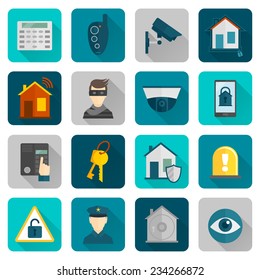 Home Security Safety And Protection Burglar Alarm System Flat Icons Set Isolated Vector Illustration.