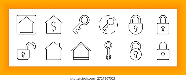 Icono de conjunto de seguridad doméstica. Llave, candado, bienes raíces, cerradura desbloqueada, casa del dinero, casa cerrada, protección, propiedad segura, acceso seguro, privacidad, finanzas, residencia