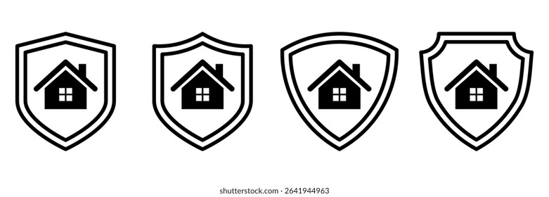 Home Security Shield Icons Set. Black Outline House in Protection Badge Collection. Real Estate Safety Symbol for Web, App, Insurance, Guard Services, and Property Protection Concepts.