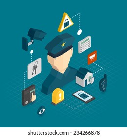 Home security smart house protection concept with isometric decorative icons set vector illustration