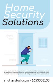 Home security solutions poster flat vector template. Theft protection. Lock picking. Illegal entry. Brochure, booklet one page concept design with cartoon characters. Flyer, leaflet