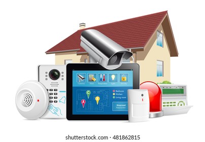 Home security system concept - motion detector, gas sensor, cctv camera, alarm siren
