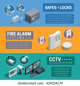 Sistema de seguridad doméstica descripción 3 banners isométricos horizontales con ilustración vectorial abstracta cctv y alarma contra incendios 