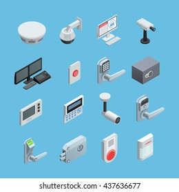 Elementos do sistema de segurança em casa coleção de ícones isométricos com câmera de sensor de movimento de vigilância com abstrato de alarme ilustração vetorial isolada