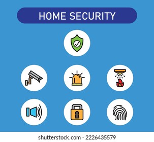 Sistema de seguridad del hogar, conjunto de iconos, con alarmas antirrobo, cámaras de vigilancia del hogar, Techo de rociador de incendios , diseño vectorial.