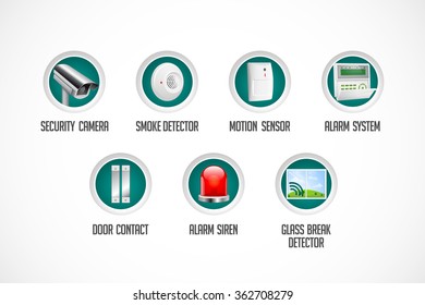 Home Security System Icons - Motion Detector, Glass Break Sensor, Gas Detector, Cctv Camera, Alarm Siren, Alarm System 