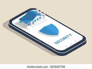Home security system. Isometric smartphone with house and shield.