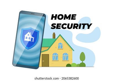 Home security system mobile app. Auto alarm application banner concept. House guard against theft. Property protect online service. Eps icon shield on smartphone screen. Residential real estate secure