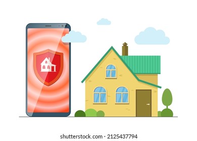 Aplicación móvil del sistema de seguridad residencial. Concepto de aplicación de alarma y señalización automática. Cartel de la guardia de la casa inteligente. Protección de propiedades del servicio en línea. Escudo de iconos en la pantalla del smartphone. Seguro inmobiliario. Vector